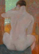 ROBERT PULLEINE (1911-1992), male nude, oil on board, label verso "Robert Pulleine, born 1911, Adelaide, George Bell School", gallery stock No. MS 682/37, ​50 x 35cm