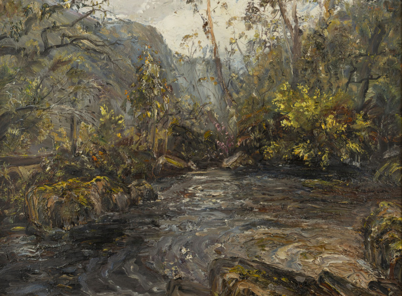 NEIL DOUGLAS (attributed), (1911-2003), Showers At Dawn, oil on board, title in chalk verso, remains of Toorak Gallery label, 45 x 61.5cm