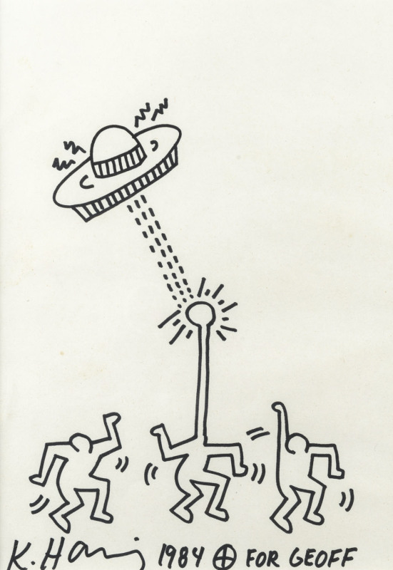 KEITH HARING (1958-1990), Untitled ink on card, signed and endorsed "K. Haring, For Geoff" and dated "1984" together with Haring's "tag" (the crossed circle), 26 x 18cm