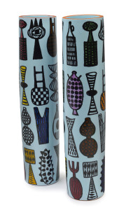 GUSTAVSBERG pair of Swedish pottery cylindrical vases, circa 1960, signed "Sweden 243-U" with labels "Design STIG LINDBERG" and "Gustavsberg, Sweden", 35.5cm high