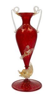 An Italian Murano glass dolphin vase, finely crafted in ruby and clear glass with gold inclusions, circa 1930's, ​32cm high