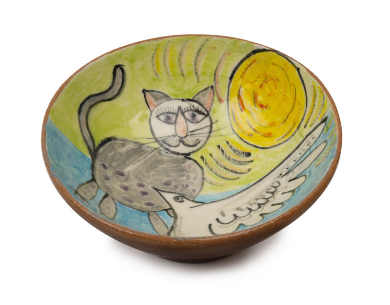 ARTHUR MERRIC BOYD Murrumbeena Pottery bowl with hand-painted cat and bird scene, signed "A.M.B. 1948", ​6cm high, 14.5cm diameter