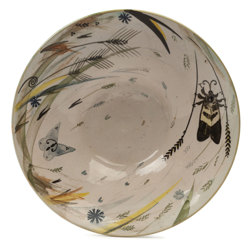 ARTHUR MERRIC BOYD Murrumbeena Pottery bowl hand-painted with moth and butterfly, incised "Arthur Merric Boyd", ​17cm diameter