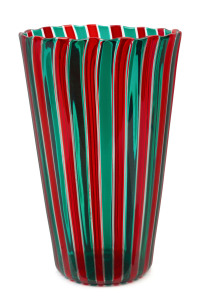 VENINI Cane Murano glass vase with red, green and clear canes, circa 1997, engraved "Venini, '97", with original circular label "Venini, Murano, Made In Italy", 29cm high