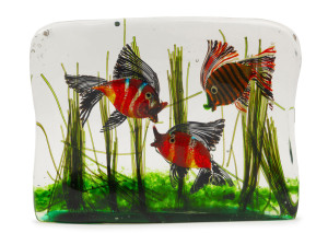 BARBINI for CENEDESE Murano Aquarium glass fish block, circa 1960, 23cm high, 30cm wide, 6cm deep