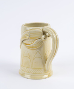 HARVEY SCHOOL pottery mug with applied gumnuts and leaves and incised decoration, incised "G.S. 7/11/37", 12.5cm high