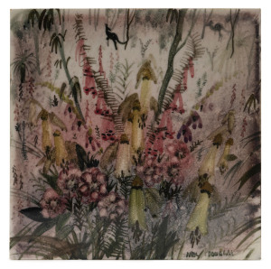NEIL DOUGLAS hand-painted ceramic tile with kangaroo in landscape, signed lower right "Neil Douglas", 15.5 x 15.5cm