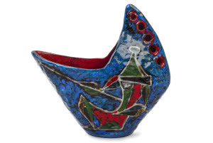 FANTONI Italian hand built pottery vase with blue ground and red interior, circa 1950s, signed "Fantoni, Italy", ​26cm high, 27cm across