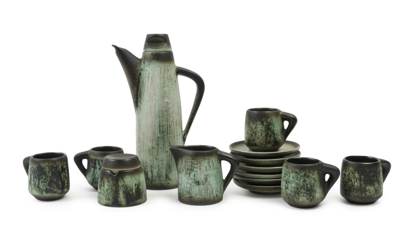 ELLIS Australian pottery 14 piece coffee set, circa 1960s, (missing one cup), incised "Ellis", the coffee pot 26.5cm high