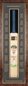 DON BRADMAN, attractive display with signature on full size Cricket Bat, with hand-painted portraits on face of blade, and Bradman's record on mount, in attractive display case (crack in glass), overall 36x109cm. With CoA.