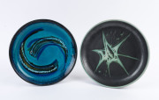 ELLIS: Two pottery platters with abstract designs, both incised or signed "Ellis, 28", ​32.5cm diameter