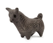 McLAREN pottery bull statue with brown glaze, circa 1960s, incised "McLaren", ​10.5cm high, 14cm long