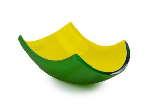 AV MAZZEGA Murano glass fruit bowl, triple cased in yellow, green and white, circa 1980s, engraved "AV Mazzega, Murano", with original label "AV Mazzega, Murano, Made In Italy", 10cm high, 29cm wide