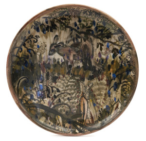 NEIL DOUGLAS (attributed) pottery plate hand-painted with large kangaroo in bush scene, not signed, 21cm diameter