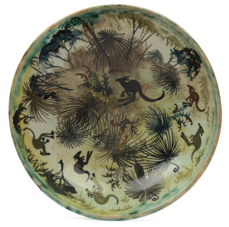 ARTHUR MERRIC BOYD, NEIL DOUGLAS and JOHN PERCEVAL pottery fruit bowl with six kangaroos in landscape, incised "Australia, 1950, Douglas + Perceval", ​6cm high, 20.5cm diameter