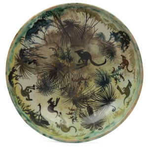 ARTHUR MERRIC BOYD, NEIL DOUGLAS and JOHN PERCEVAL pottery fruit bowl with six kangaroos in landscape, incised "Australia, 1950, Douglas + Perceval", 6cm high, 20.5cm diameter