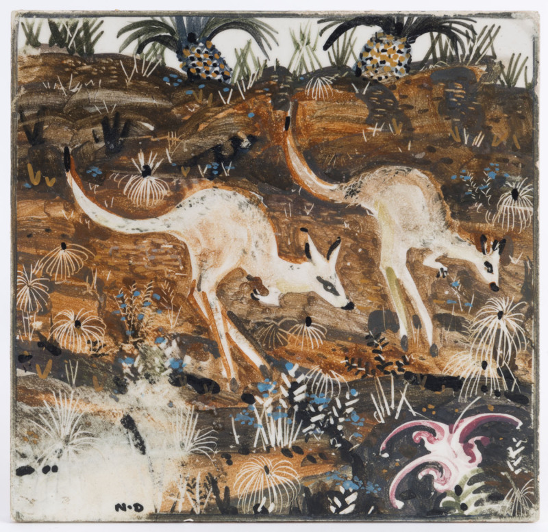 NEIL DOUGLAS hand-painted ceramic tile with two kangaroos in landscape, signed lower left "N.D.", ​15 x 15cm