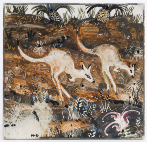 NEIL DOUGLAS hand-painted ceramic tile with two kangaroos in landscape, signed lower left "N.D.", 15 x 15cm