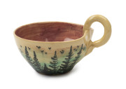 NEIL DOUGLAS and ARTHUR MERRIC BOYD pottery teacup decorated with flying birds in forest landscape (rare), signed "Neil Douglas, A.M. Boyd, Australia", 9cm high, 15cm wide