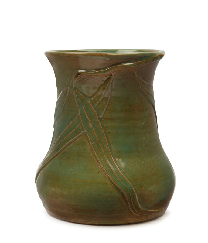 STAN and GEOFF GILBERT Australian pottery vase with applied branch and gum leaves, incised "Stan & Geoff Gilbert, Vic, Aus.", ​12cm high
