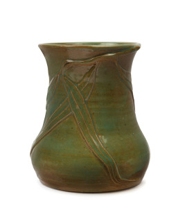 STAN and GEOFF GILBERT Australian pottery vase with applied branch and gum leaves, incised "Stan & Geoff Gilbert, Vic, Aus.", 12cm high