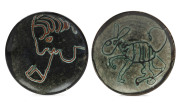 JOHN PERCEVAL: Two pottery dishes with sgraffito decoration, incised "Perceval", 12.5cm diameter