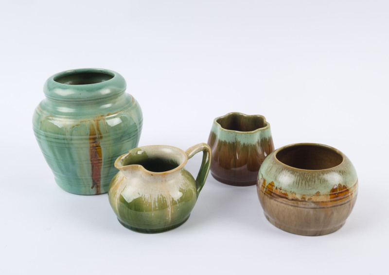 REMUED green glazed pottery jug and three vases, mid 1930s, (4 items), incised "Remued" on two, foil label on one and the jug incised "513", ​the largest 15cm high