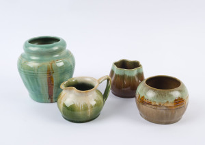 REMUED green glazed pottery jug and three vases, mid 1930s, (4 items), incised "Remued" on two, foil label on one and the jug incised "513", the largest 15cm high