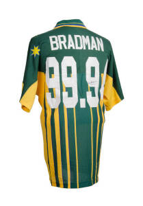 DON BRADMAN, nice signature on reverse of Australian One-Day Shirt with name "BRADMAN" and number "99.94" on reverse.