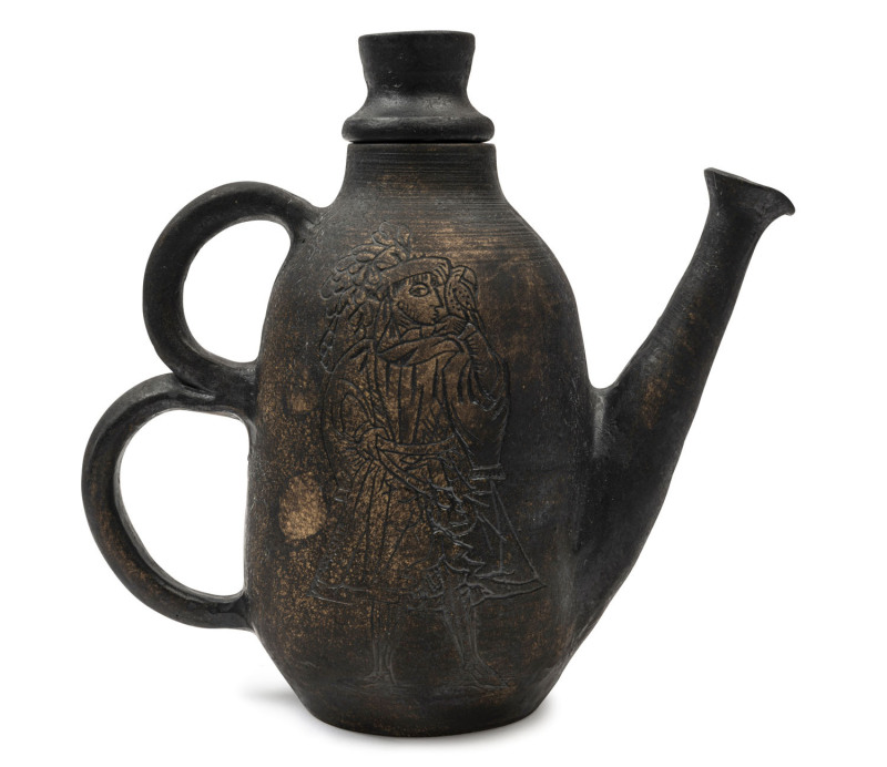 DAVID and HERMIA BOYD pottery teapot with sgraffito decoration of a medieval couple, incised "D + H Boyd", ​21cm high