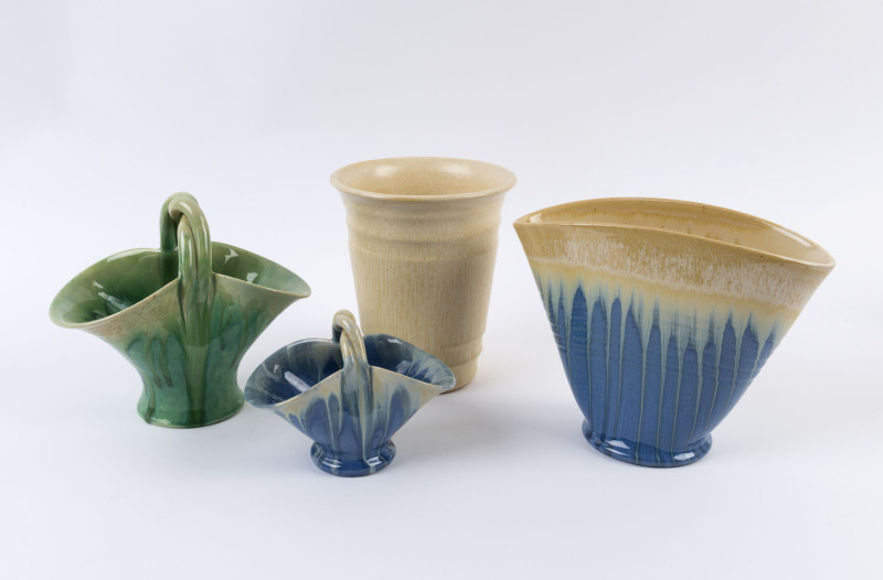 REMUED cream glazed pottery vase, two basket vases and a blue glazed fan shaped vase, mid 1930's, (4 items), incised "Remued" on three, ​the largest 17cm high