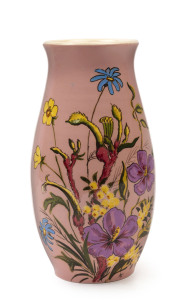 GUY BOYD pottery vase with wildflowers on pink ground, incised "Guy Boyd", 20.5cm high