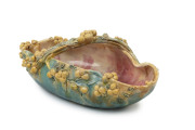 CASTLE HARRIS Australian pottery basket decorated with applied wattle blossoms, incised "Castle Harris, Sydney", ​30cm wide