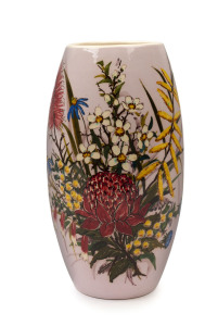 GUY BOYD barrel shaped pottery vase with waratah and wildflowers, incised "Guy Boyd", 21cm high