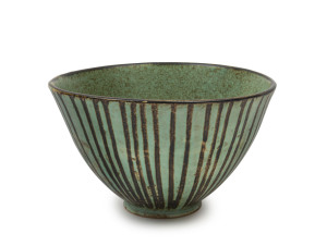 DAVID and HERMIA BOYD green pottery bowl with striped decoration, incised "D + H Boyd", 8cm high, 13.5cm diameter
