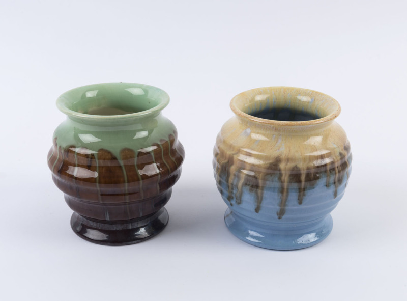 Two NEWTONE POTTERY mantel vases, circa 1930s, one stamped "Newtone Pottery Sydney", the other "Newtone Art Ware, Bakewells, Sydney", ​13cm high