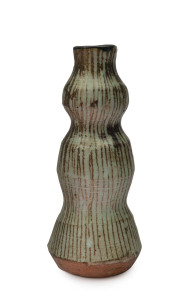 DAVID and HERMIA BOYD green pottery vase with striped decoration, incised "D + H Boyd", 17.5cm high