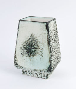 ELLIS pottery square form vase in green and cream glazes, incised "Ellis", 24cm high