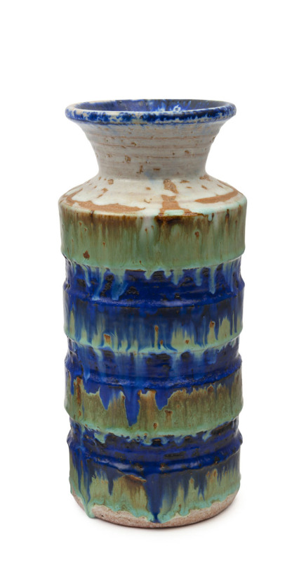 ARTUR HALPERN Australian pottery ribbed cylindrical form vase glazed in blue, cream and green, signed monogram "A.H.", ​25.5cm high