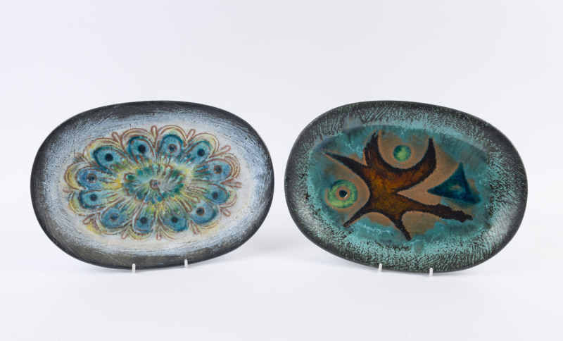 ELLIS: Two oval pottery platters with abstract designs, incised "Ellis, 51A", 36cm wide