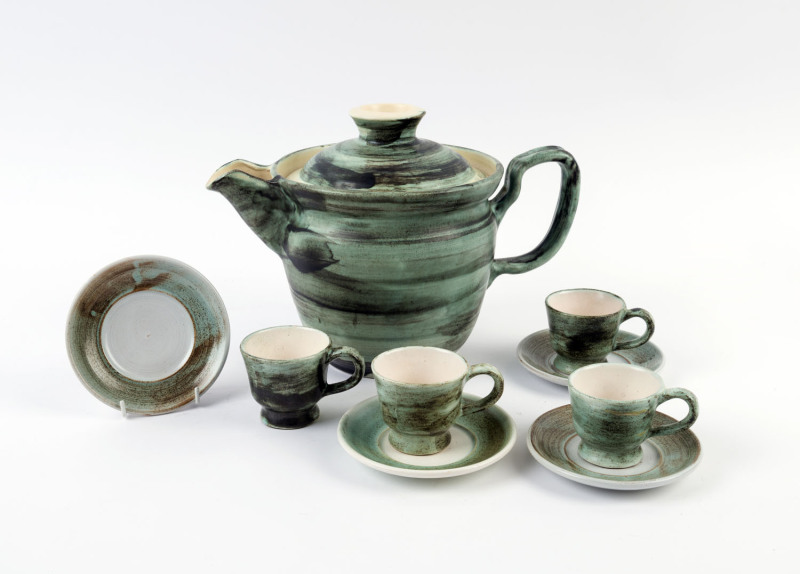 REG PRESTON pottery coffee pot and four coffee cups and saucers by PHIL DUNN, (9 items), ​the pot 22cm high