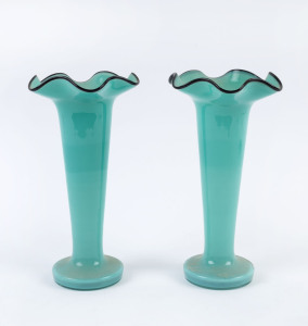 A pair of Bohemian "Tango" glass vases, teal with black trim, circa 1920s, 21cm high