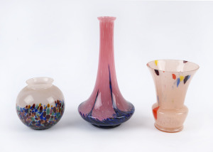 Three Bohemian pink and mottled glass vases, early 20th century, the largest 26cm high