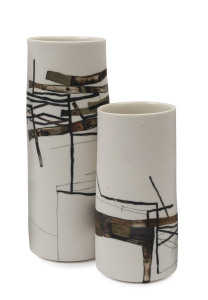 TANIA ROLLAND two cylindrical Australian ceramic vases, all signed "Tania Rolland, 09", 18.5cm and 13.5cm high