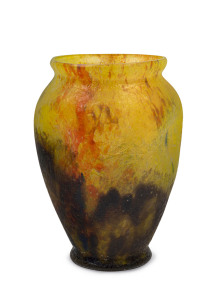 A Bohemian art glass vase, yellow, orange and aubergine with crackle finish, circa 1920's, acid etched "Czechoslovakia", 20cm high