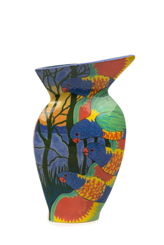 BARBARA SWARBRICK pottery parrot vase, circa 1999, signed "Barbara Swarbrick, 1999" with "B.S." monogram stamp, 29cm high