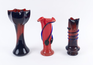 Three Bohemian red and blue glass vases, circa 1920's, the largest 28cm high