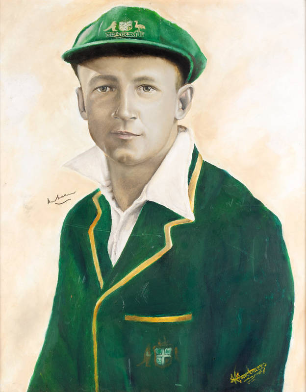 DON BRADMAN, original painting by Vincent Fantauzzo, oil on paper, signed at lower right, and also signed in texta by Don Bradman, framed, overall 59x72cm. {Vincent Fantuzzo has entered the Archibald Prize several times, winning the People's Choice Award