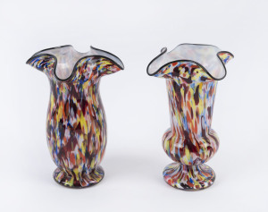 Two Bohemian mottled glass vases with black rims, circa 1920's, ​18.5cm high