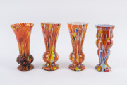 Four assorted Bohemian orange mottled glass vases, circa 1920's, the largest 21.5cm high